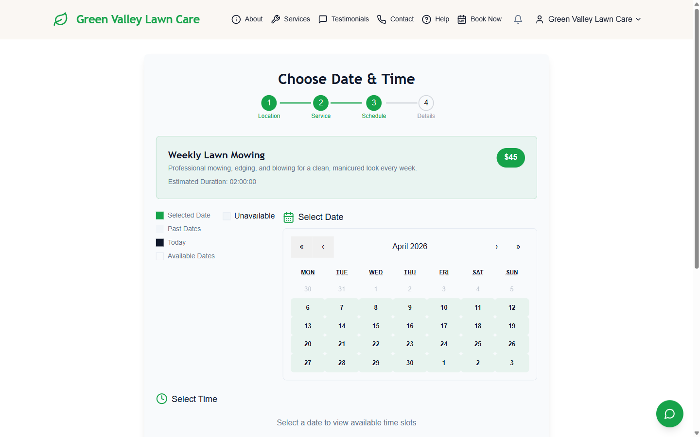 Booking calendar showing available dates for April 2026 with time slot selector below
