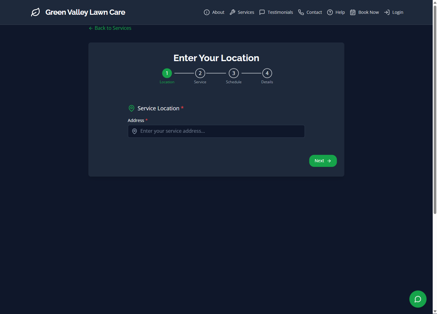 YardTack online booking page showing the address entry step with 'Enter Your Location' header