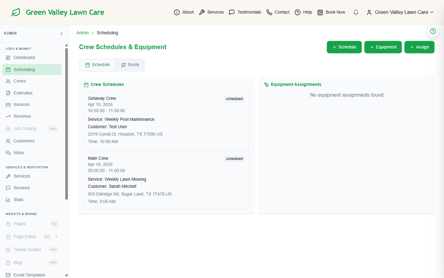 Crew Schedules & Equipment page showing two crew schedule entries with service details and customer addresses