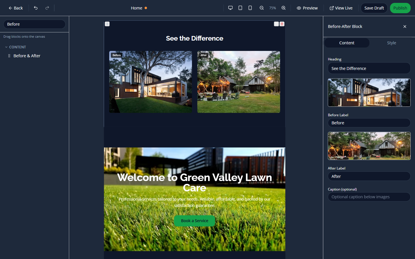 Before & After block in the page editor showing two property photos with Before and After labels