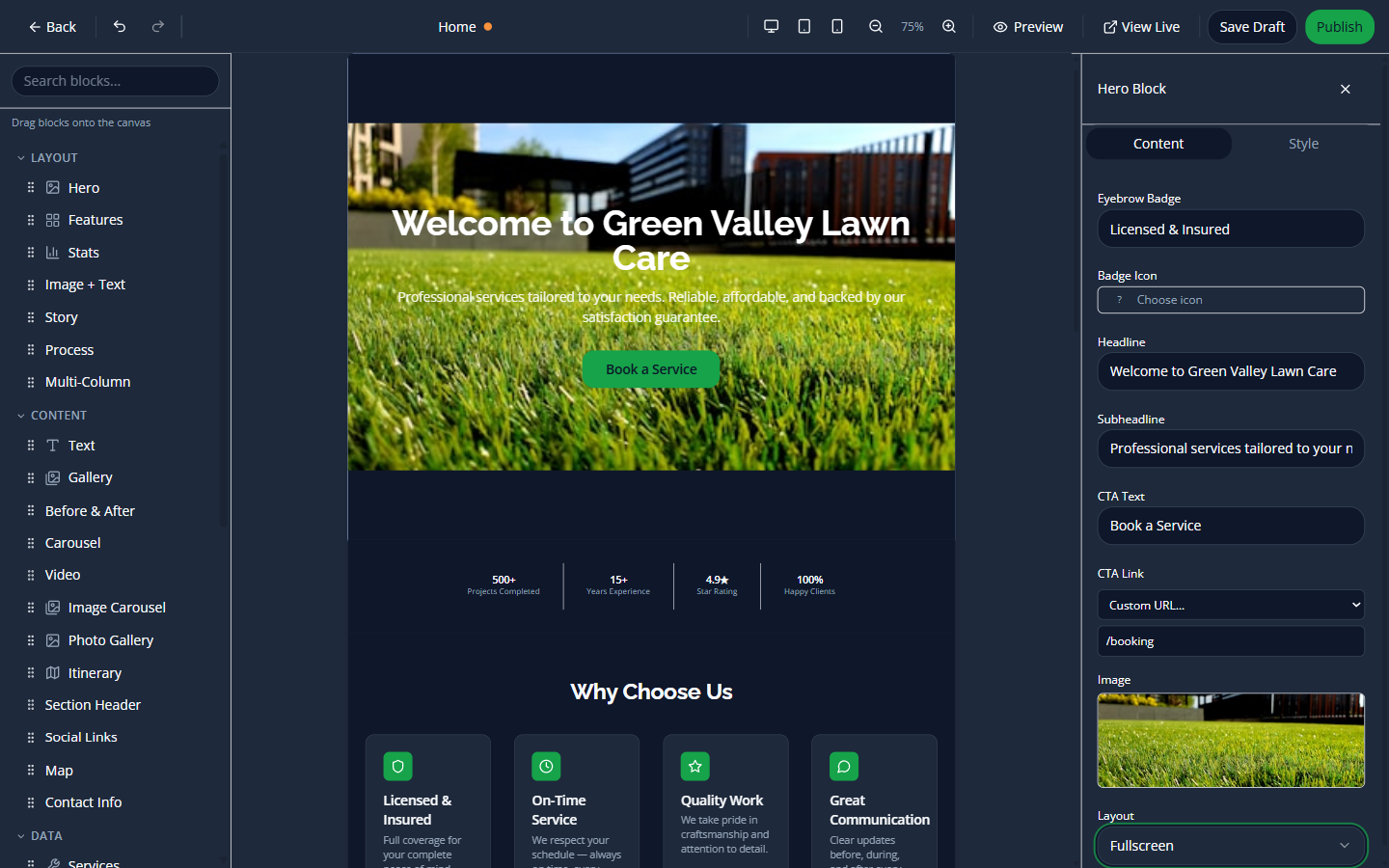Page editor showing the hero block with a fullscreen lawn image and the content editing panel open on the right