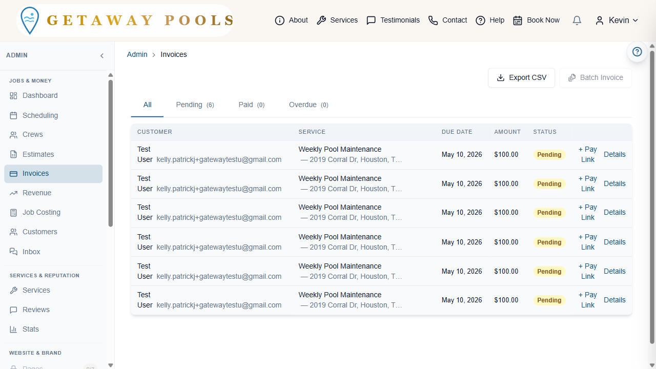 Invoices manager showing a list of invoices with customer names, service descriptions, amounts, and status badges