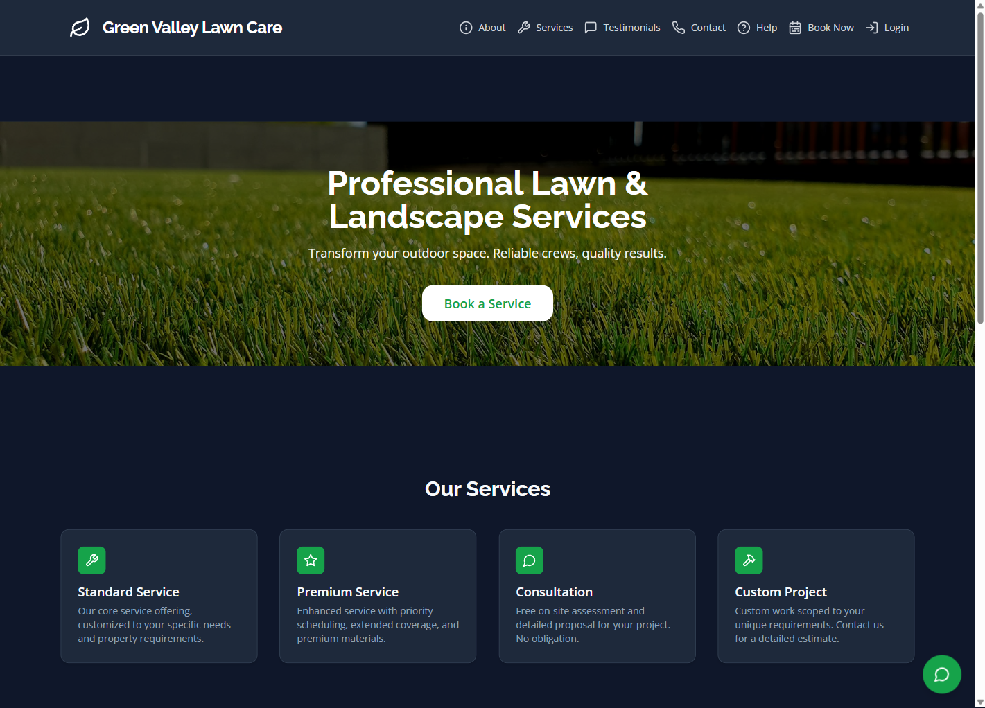 Published Green Valley Lawn Care website showing the hero section with 'Professional Lawn & Landscape Services' headline and Book a Service button
