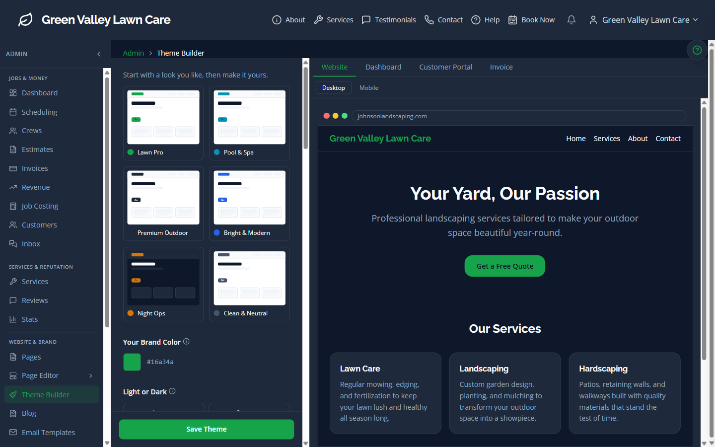 YardTack theme builder showing 6 color preset palettes with live site preview on the right