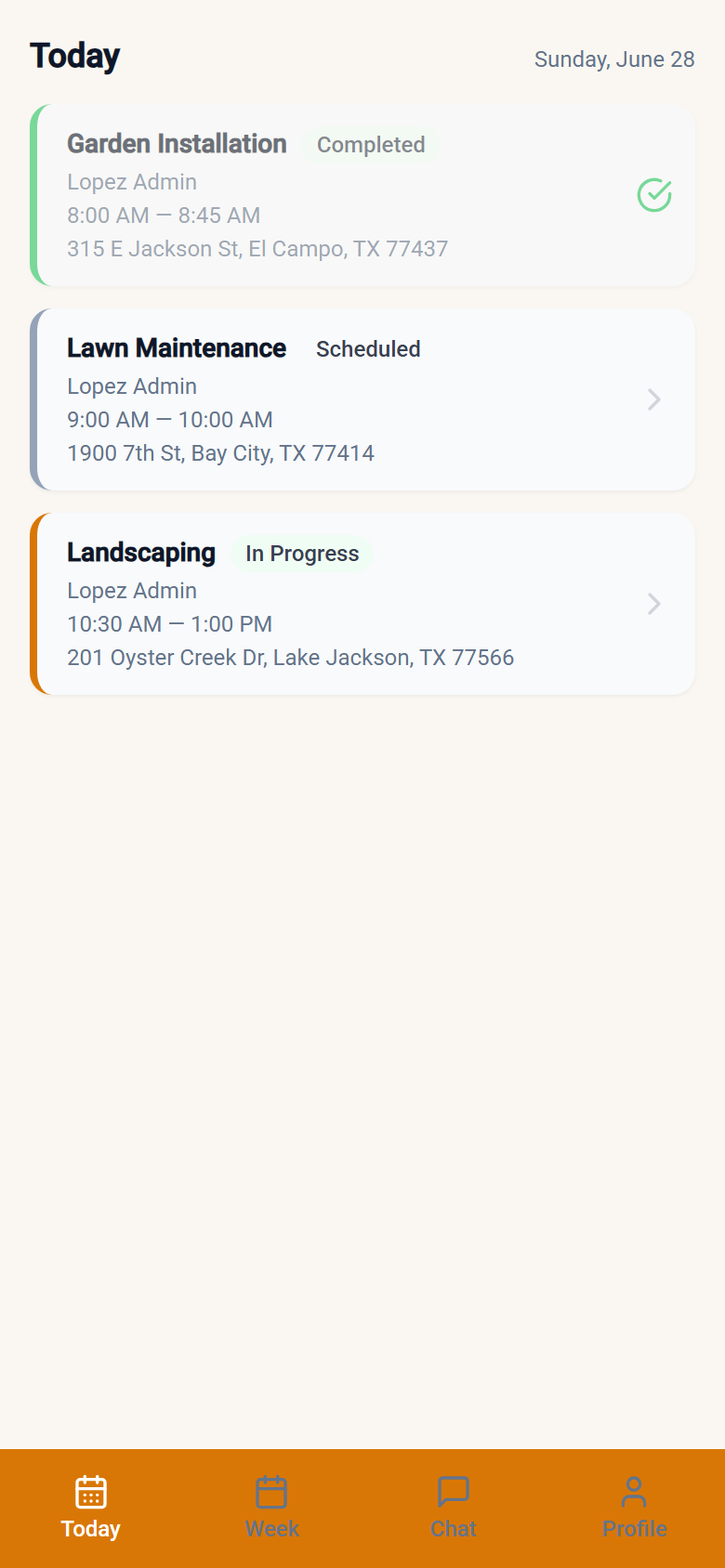 YardTack crew app Today tab listing the day's jobs with status badges