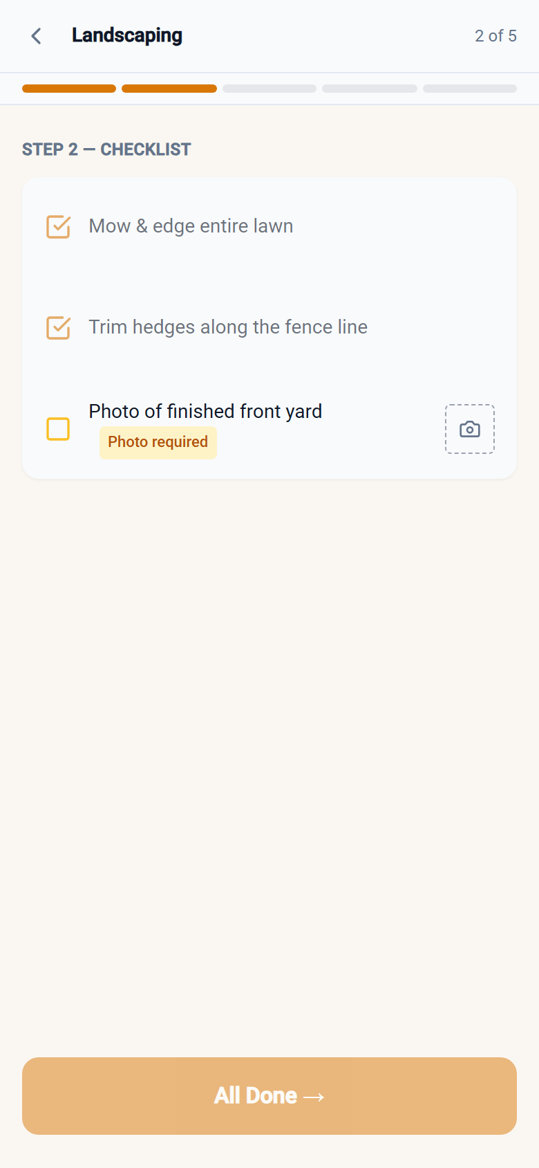 Crew app Step 2 Checklist with a photo-required item blocking completion until a photo is captured