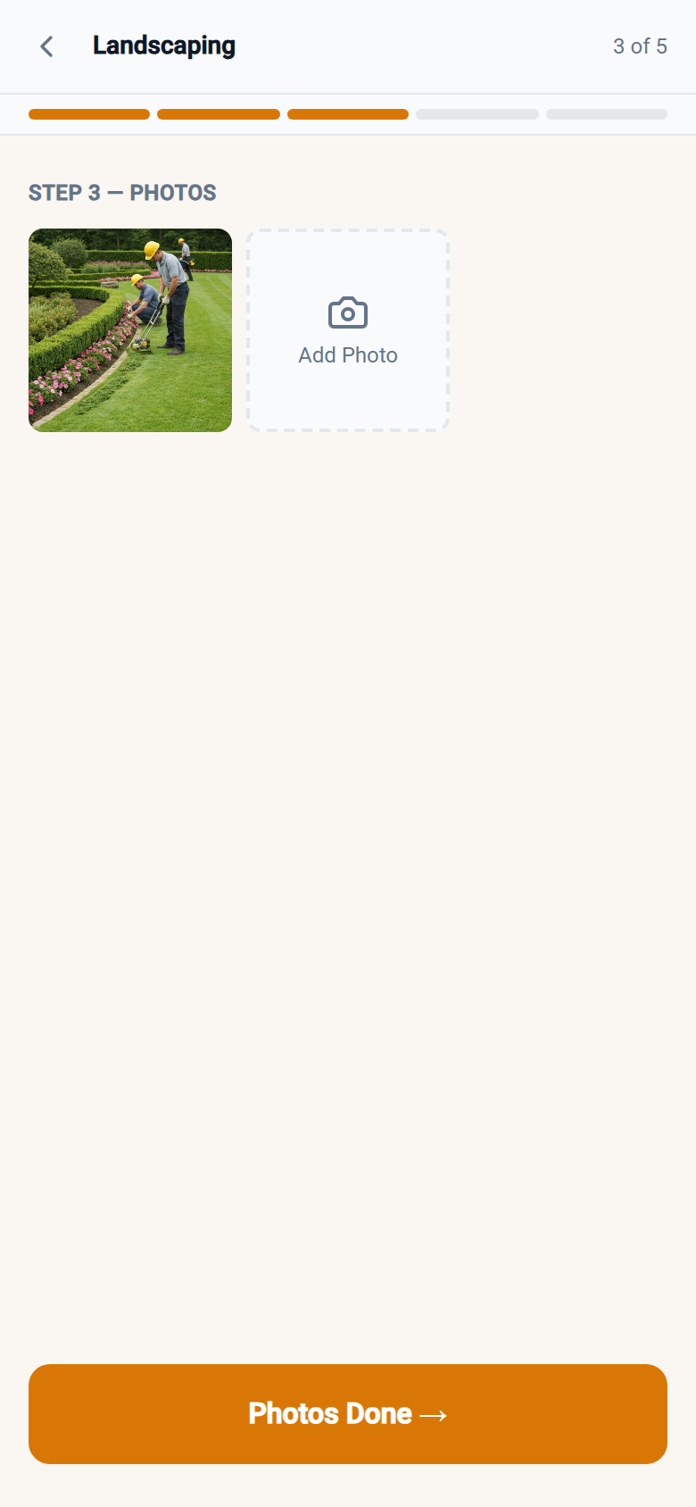 Crew app Step 3 Photos showing a captured job photo and an Add Photo button