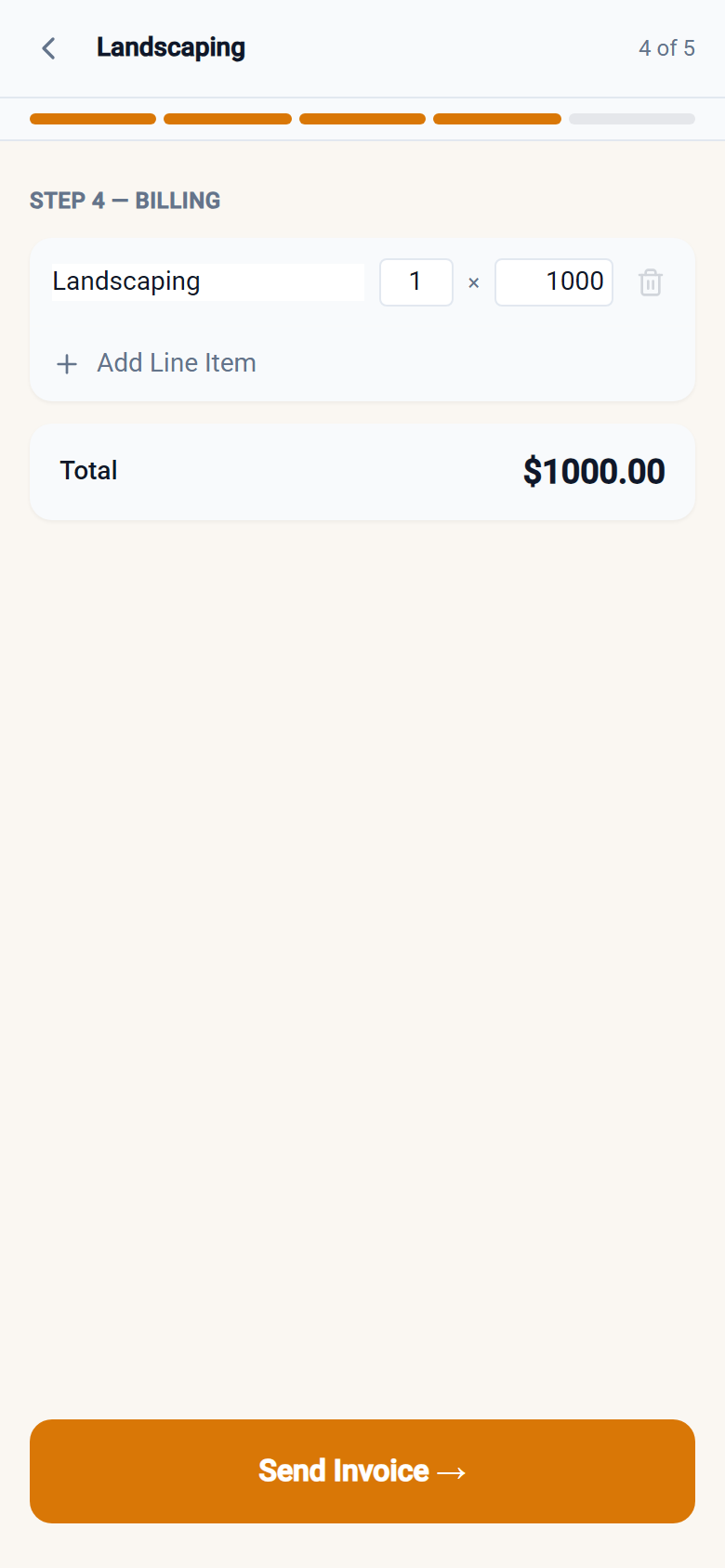 Crew app Step 4 Billing with a pre-filled line item, running total, and Send Invoice button