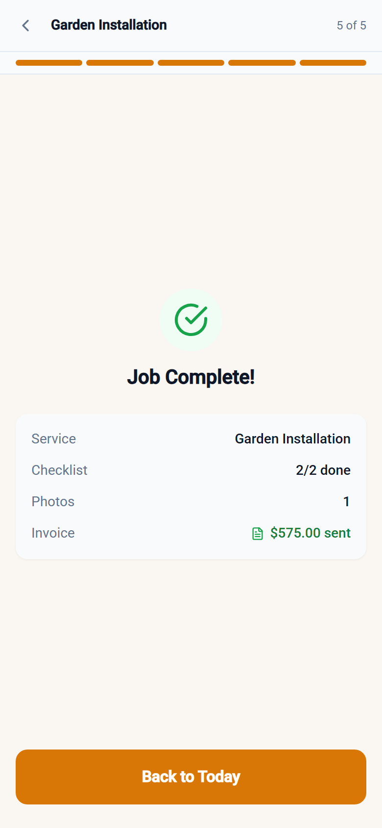 Crew app Step 5 Complete summary showing checklist, photo count, and invoice total