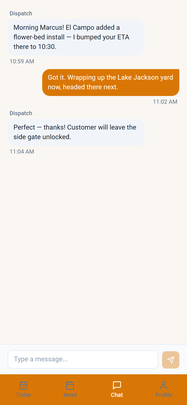 Crew app chat tab showing a threaded conversation between dispatch and the crew
